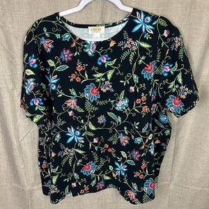 Talbots NEW Women’s 2X Black Multicolor‎ Floral Print Stretch Cotton Knit Top